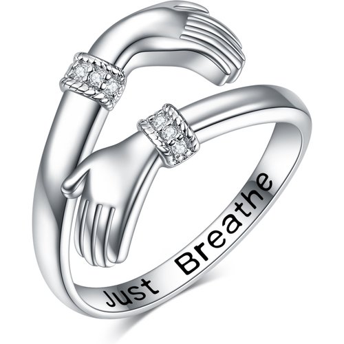 Sterling Silver Round Zircon Hold Hands Open Ring