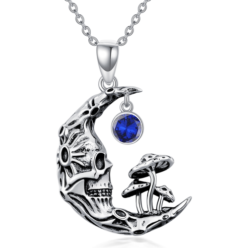 Sterling Silver Round Zircon Mushroom & Skeleton Pendant Necklace