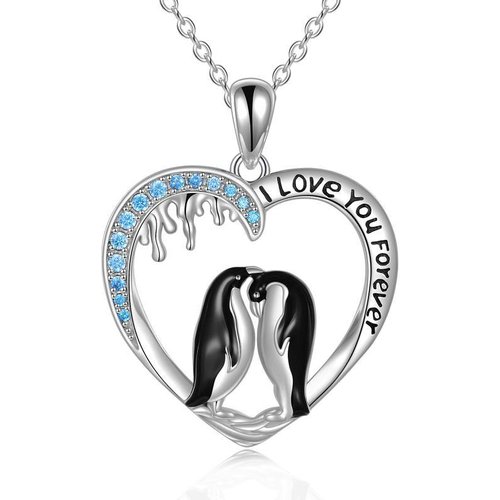 Sterling Silver Round Zircon Penguin & Heart Pendant Necklace with Engraved Word