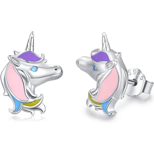 Sterling Silver Round Zircon Unicorn Stud Earrings