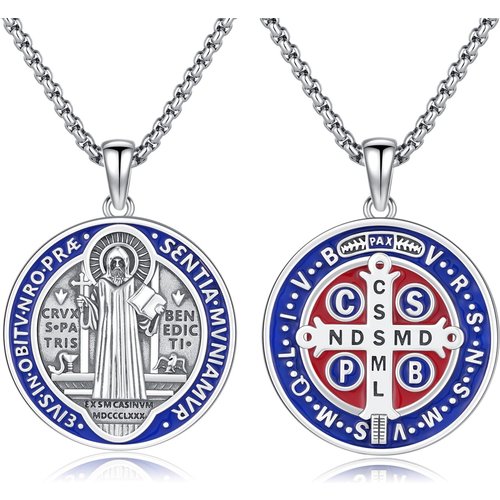Sterling Silver Saint Benedict Pendant Necklace for Men