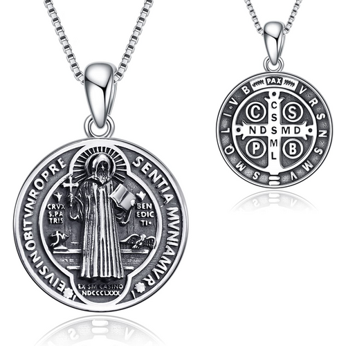 Sterling Silver Saint Benedict Pendant Necklace for Men with Engraved Word