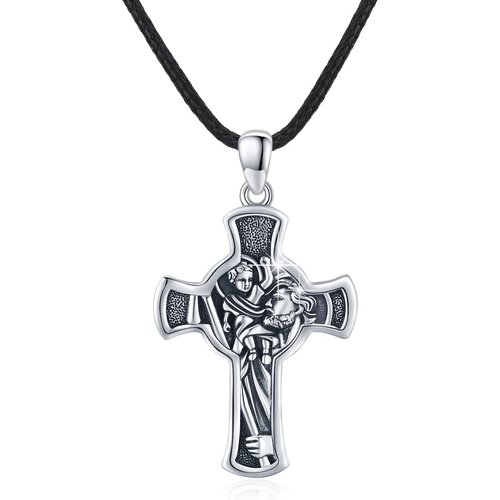 Sterling Silver Saint Christopher Cross Pendant Necklace with Engraved Word for Men