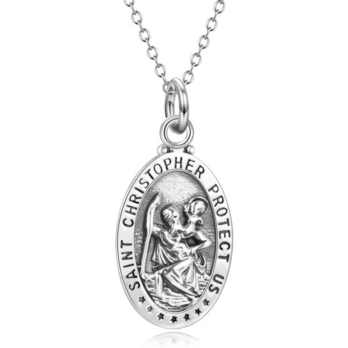 Sterling Silver Saint Christopher Pendant Necklace with Engraved Word