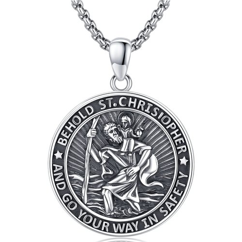 Sterling Silver Saint Christopher Pendant Necklace with Engraved Words for Men