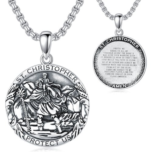 Sterling Silver Saint Christopher Round Pendant Necklace with Engraved Word for Men