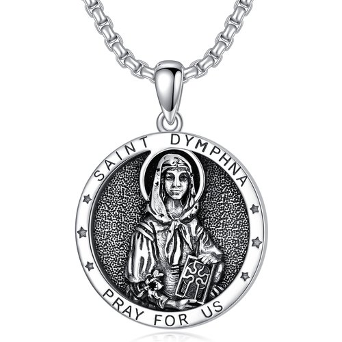 Sterling Silver Saint Dymphna Pendant Necklace with Engraved Word for Men