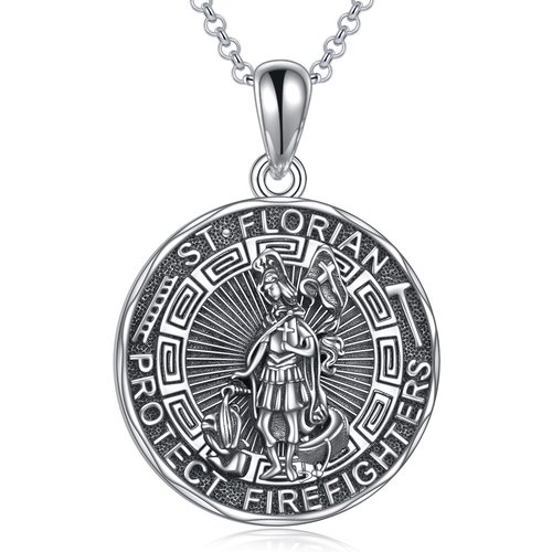 Sterling Silver Saint Florian & Viking Rune Pendant Necklace with Engraved Word