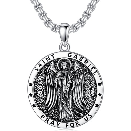 Sterling Silver Saint Gabriel Pendant Necklace with Engraved Word for Men