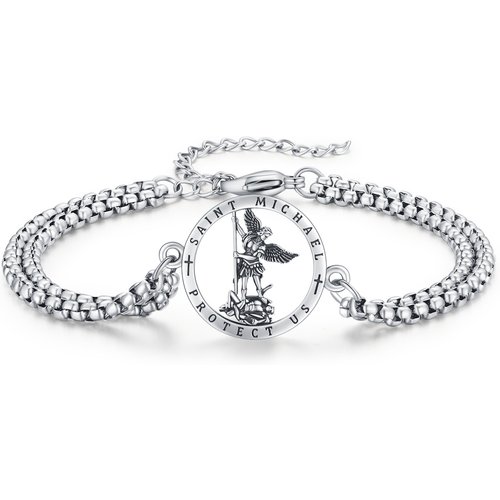 Sterling Silver Saint Michael Charm Bracelet with Engraved Word