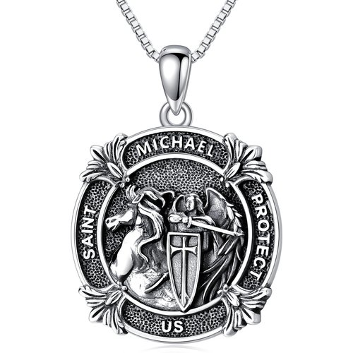 Sterling Silver Saint Michael Pendant Necklace with Engraved Word