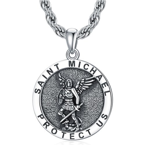 Sterling Silver Saint Michael Pendant Necklace with Rope Chain for Men
