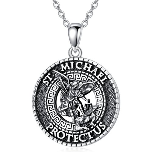 Sterling Silver Saint Michael Pendant Necklace with Engraved Words