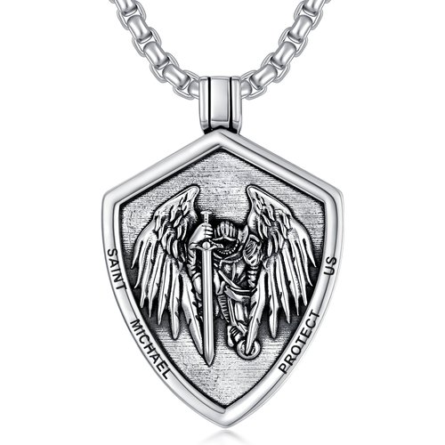 Sterling Silver Saint Michael & Shield Pendant Necklace with Engraved Word for Men