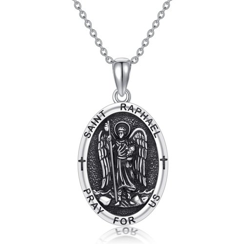Sterling Silver Saint Raphael Pendant Necklace with Engraved Word