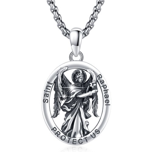 Sterling Silver Saint Raphael Protect Us Pendant Necklace with Engraved Word