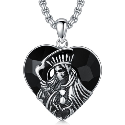 Sterling Silver Santa Muerte Perdoname Crystal Pendant Necklace