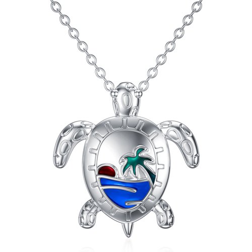 Sterling Silver Sea Turtle & Coconut Tree Pendant Necklace