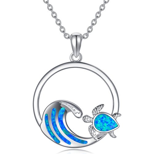 Sterling Silver Opal Tortoise & Spray Circle Necklace for Women