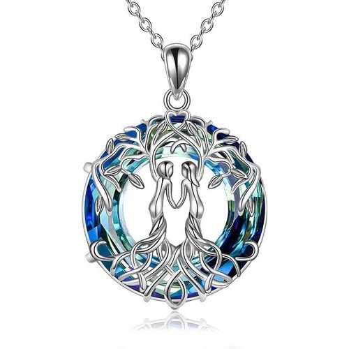 Sterling Silver Sisters Tree Of Life Circular Shaped Blue Crystal Pendant Necklace