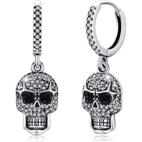 Sterling Silver Cubic Zirconia Skull Drop Earrings for Men