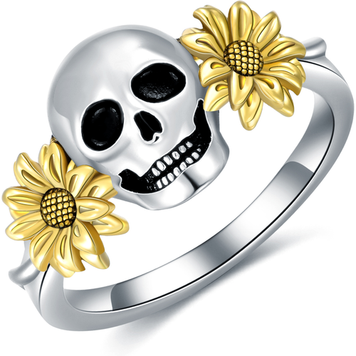 Sterling Silver Two-tone Sunflower & Skull Ring
