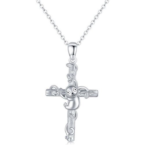 Sterling Silver Sloth & Cross Pendant Necklace
