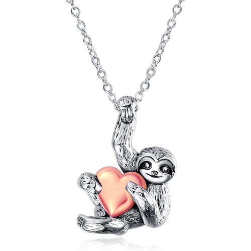 Sterling Silver Sloth & Rose Gold Heart Pendant Necklace