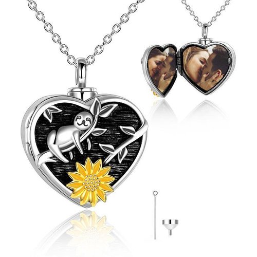 Sterling Silver Sloth & Sunflower Urn Necklace for Ashes