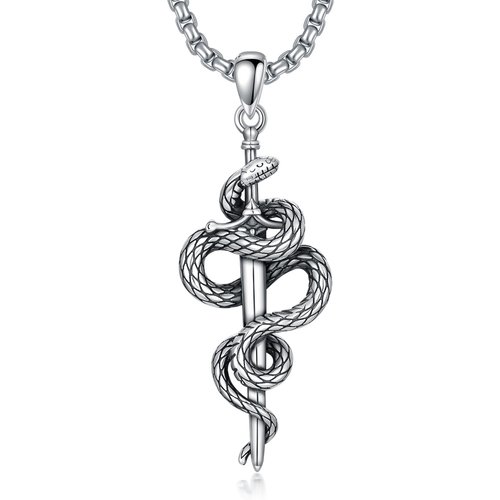 Sterling Silver Snake & Sword Pendant Necklace for Men