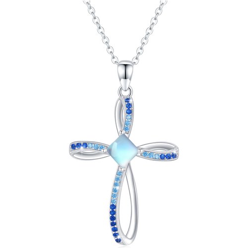 Sterling Silver Square Moonstone Cross & Celtic Knot Pendant Necklace