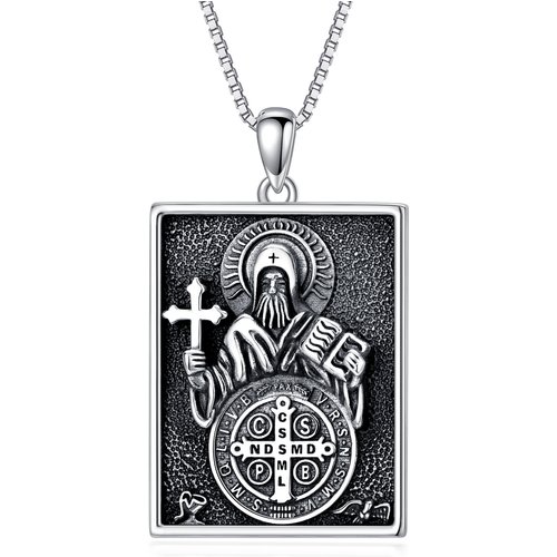 Sterling Silver St Benedict Medal Bar Necklace for Men