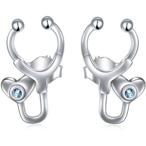 Sterling Silver Round Cubic Zirconia Stethoscope Stud Earrings