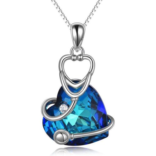 Sterling Silver Blue Crystal Stethoscope Pendant Pendant Necklace For Women