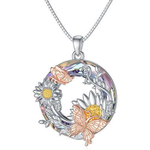 Sterling Silver Sunflower Crystal Pendant Necklace