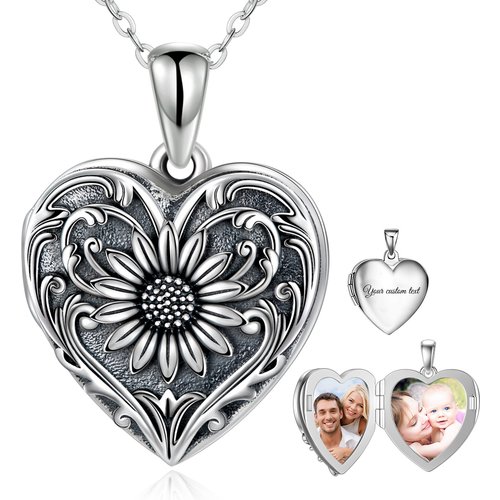Sterling Silver Sunflower Heart Personalized Engraving Photo Locket Necklace
