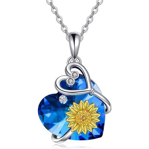 Sterling Silver Sunflower Heart Stethoscope Necklace With Blue Crystal