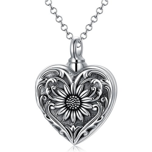 Sterling Silver Sunflower & Heart Urn Necklace for Ashes