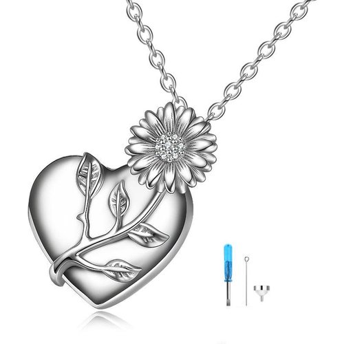 Sterling Silver Cubic Zirconia Sunflower & Heart Urn Necklace for Ashes with Engraved Word