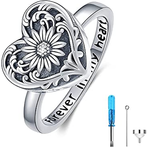 Sterling Silver Sunflower & Heart Urn Ring for Ashes with Engraved Word