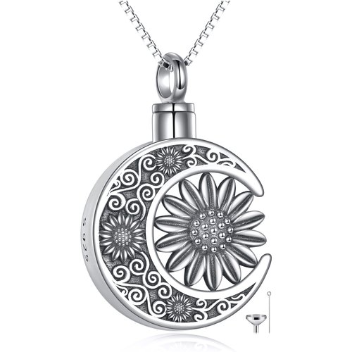 Sterling Silver Sunflower & Moon Urn Necklace for Ashes