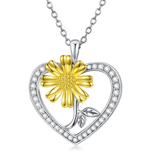 Sterling Silver Two-tone Sunflower Heart Necklace for Women