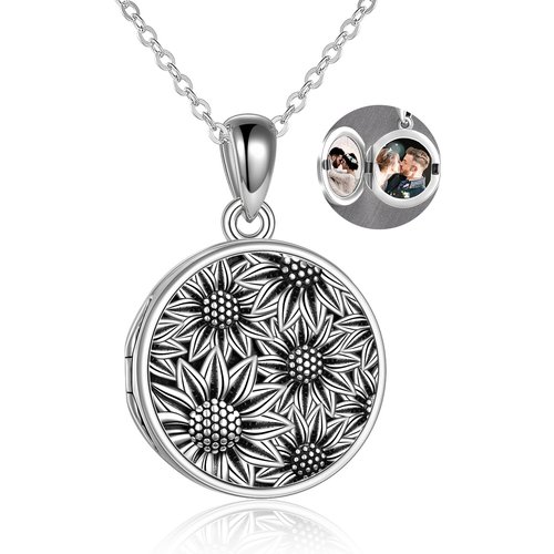 Sterling Silver Sunflower Personalized Photo Locket Necklace With Engraved Word For Women