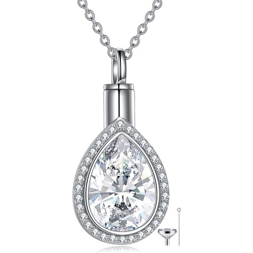 Sterling Silver Cubic Zirconia Tear Drop Shape Urn Necklace for Ashes