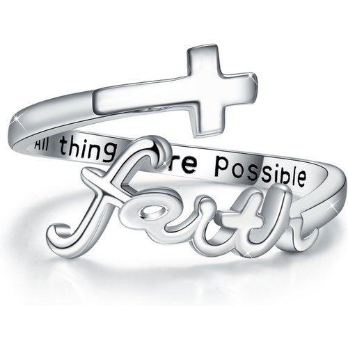 Sterling Silver All Things Are Possible Faith Cross Open Ring for Women