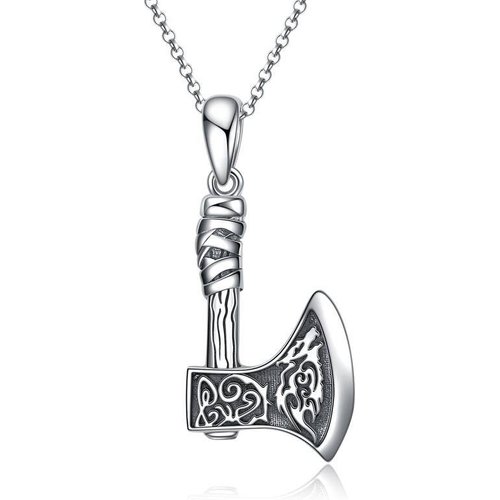 Sterling Silver Thor's Hammer & Wolf Pendant Necklace