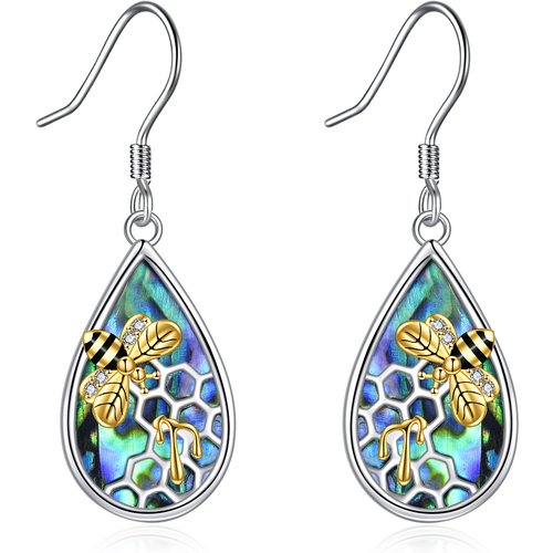 Sterling Silver Two-tone Abalone Shellfish Bee Drop Earrings