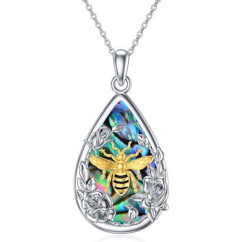 Sterling Silver Two-tone Abalone Shellfish Bee & Rose Pendant Necklace