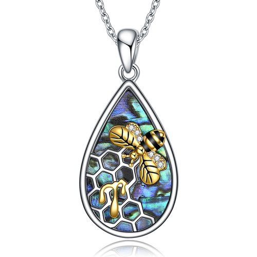 Sterling Silver Two-tone Abalone Shellfish Bee & Drop Pendant Necklace for Women Men