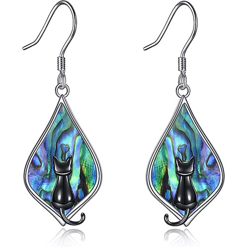 Sterling Silver Two-tone Abalone Shellfish Cat Drop Earrings